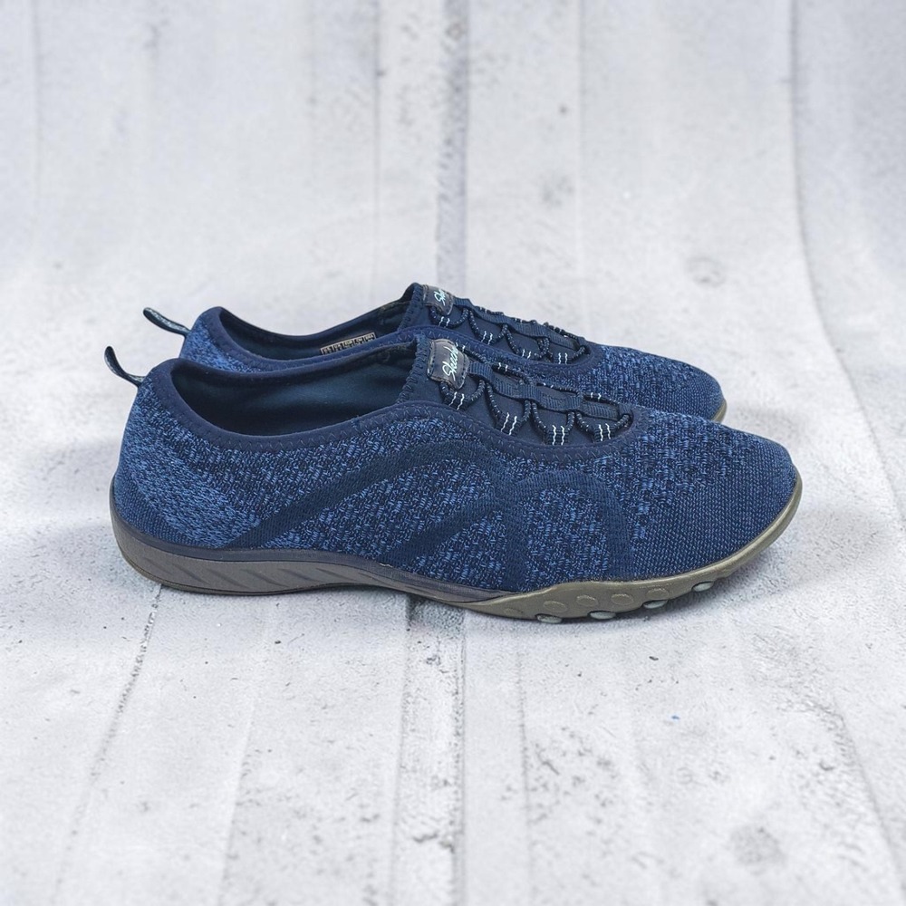 Skechers Womens Navy Blue Knit Bungee Slip On Sneakers 23028 Size 9.5